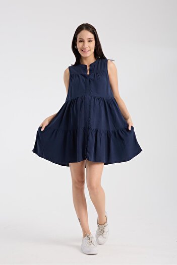 Işşıl Işşil 1646-Washed Cotton Judge Collar Maternity Mini Gilet Tunic-Dress