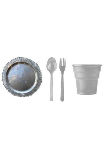 omeyva 26 Cm. Mika Plastik Gümüş Sorfa Piknik Seti - 24 Kişilik Tabak Bardak Çatal Kaşık Takımı