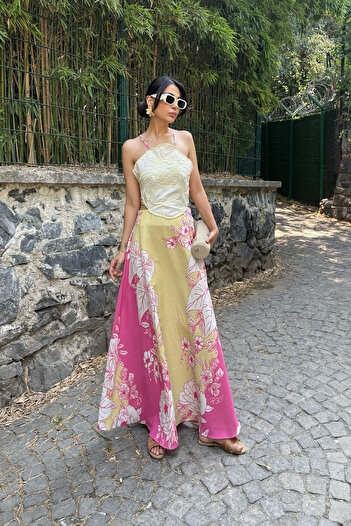 Seda Yalçın Atelier Pink Colored Positano Linen Dress with Back Tie and Floral Pattern