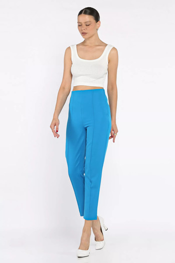 GÜLSELİ Blue Front Grassed Women's Tight Leg Trousers with Elastic Waist