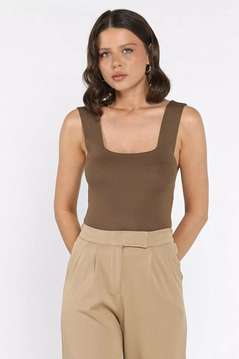 julude Dark Mink Square Neck Strap Lycra Women's Knitwear Blouse