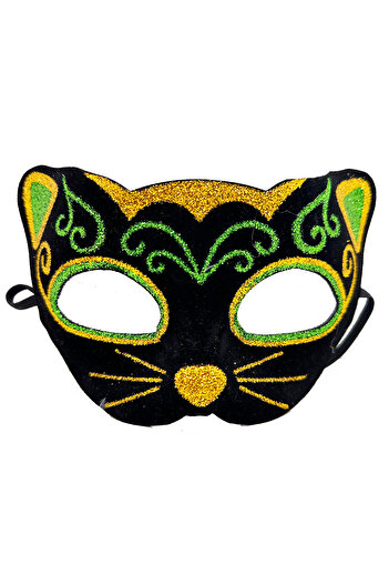 Skygo Yellow Green Glitter Embroidered Black Velvet Cat Mask - 20x13 Cm