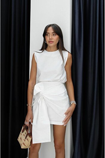Havoş Ecru Bow Detailed Skirt Blouse Set