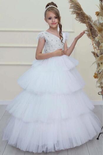Riccotarz Girl's Body Pearl Stone Embroidered Layered Tulle Sleeveless White Evening Dress