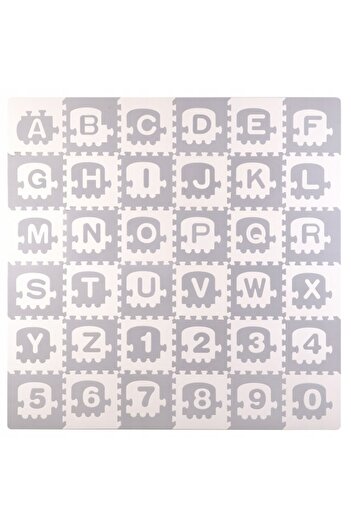 indiggo Puzzle Mat, Train Pattern with Letters and Numbers, 36 Tiles, 180x180x1.2 cm, White/Grey