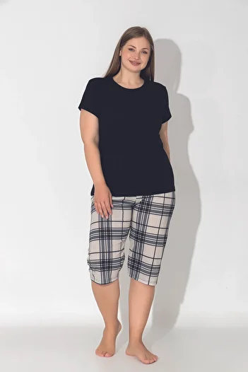 ModaLeaf Black Color Plaid Printed Short Sleeve Relaxed Fit Plus Size Capri Pajama Set