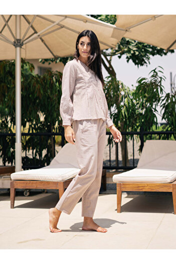 Sanskrutihomes By Styli Women Solid V Neck Pure Cotton Shirt and Pyjama Set