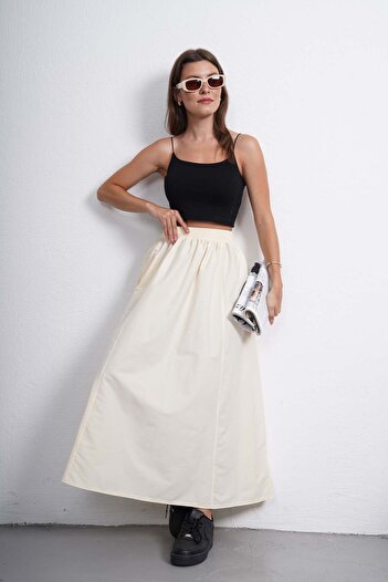 Gülmude Long Elastic Waist Poplin Fabric Double Pocket Relaxed Cut Hijab Skirt Unlined (Length 90 cm)
