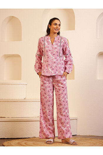 Sanskrutihomes By Styli Women Pink Floral Print Lace Trim Shirt and Pyjama Set