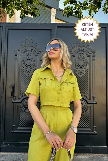 Modark Women's Linen Suit Jacket Shirt Trousers - Oil Green