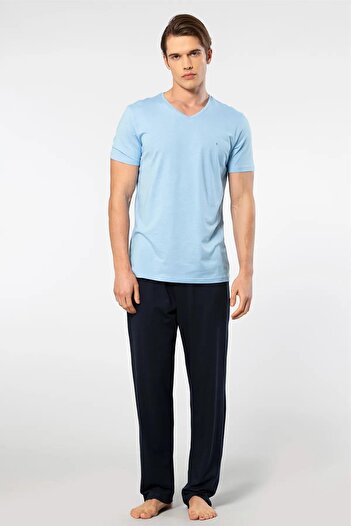 Cacharel V-Neck T-Shirt and Pajama Set with Pockets, 50% Cotton 50% Modal