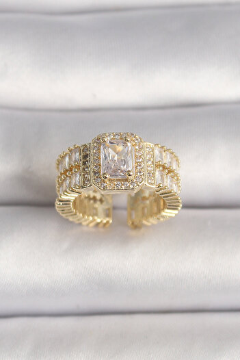 Skygo Brass Gold Color Adjustable Baguette Zircon Stone Model Women's Ring - Tj-Byk3589