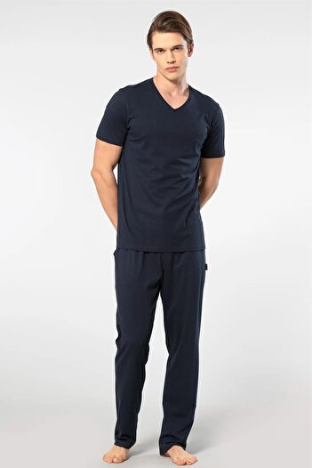 Cacharel V-Neck T-Shirt and Pajama Set with Pockets, 50% Cotton 50% Modal