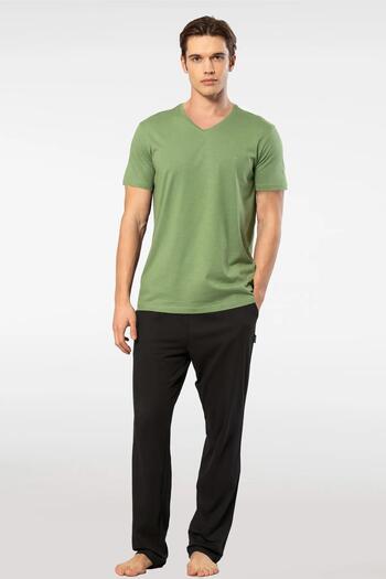 Cacharel V-Neck T-Shirt and Pajama Set with Pockets, 50% Cotton 50% Modal