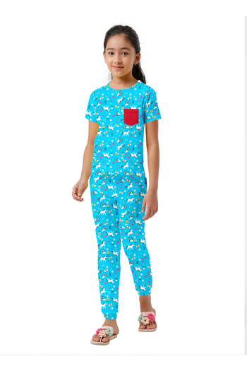 LAUREN SMITH Kids Cotton-Lycra Loungewear Set – Trendy Prints, T-Shirt & Pajama Bottoms with Pockets