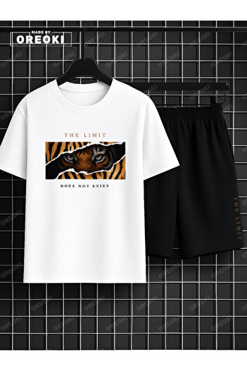 EFFRENATU No Border Tiger Printed Cotton Men's White T-Shirt-Black Shorts Set