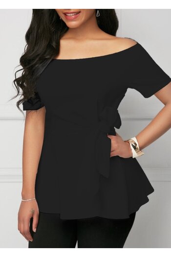 Modayakamoz Women's Short Sleeve Madonna Collar Side Tie Imported Crepe Blouse