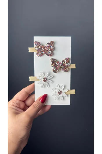 Toka Perisi Powder Mix Glittery Butterfly Daisy Clip Buckle Set (Metal Clips Are Half Ribbon Covered)