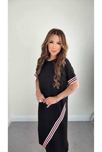 buğrahayalin Women's Sleeve and Skirt Stripe Detailed Midi Length Dress