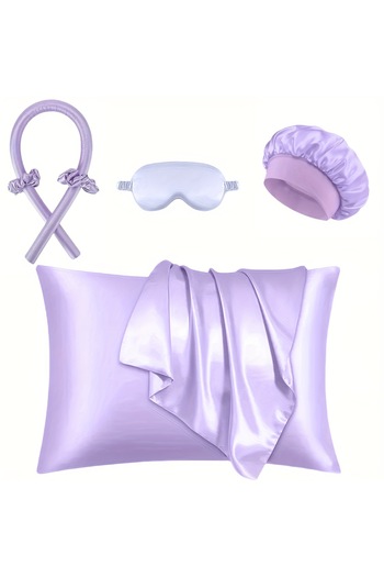 Tinybabyconcept 6 Piece Satin Sleeping Set Pillow Case Bordered Eye Mask Scrunchie Heatless Shaping Hair Roller Set