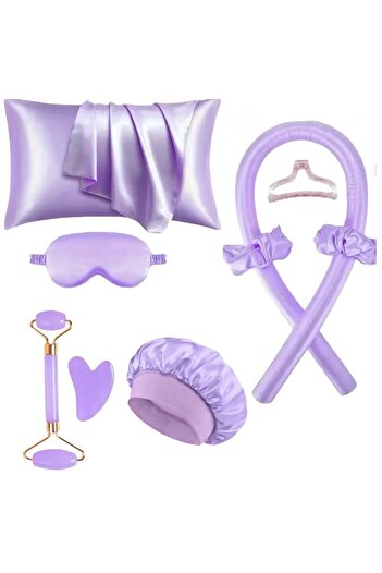 EVYA 9 Piece Satin Sleeping Set Pillowcase Hair Cap Eye Mask Heatless Curler Roller Guasha