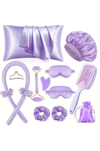 EVYA 13 Pieces Luxury Satin Sleeping Pillowcase Hair Cap Eye Mask Curler Roller Guasha Comb 4 Buckle Pouch