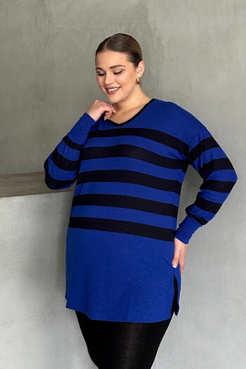 Stil Diva Plus Size V-Neck Striped Slit Detail Long Blouse with Thin Fabric 301567