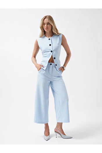 Black Fashion Wide Leg Midi Length Blue Trousers