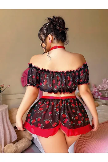 dedo Women's Rose Patterned Red Black Plus Size Fancy Nightdress