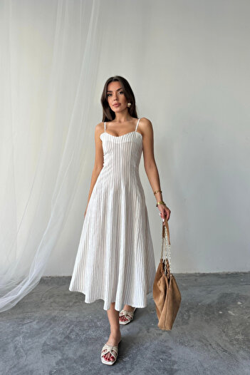 COjans Moda Luna ROCHIE STRĂNGĂ CU DUCĂTĂ SILVER STRIPED LUNGIME MIDI - Maro