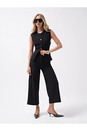 Black Fashion Wide Leg Midi Length Black Trousers