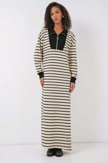 gelirr 55453 Zipper Detailed Striped Long Dress - Black