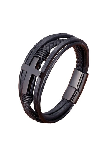 Tessero leather bracelet, cross model, multiple strands, magnetic clasp, black