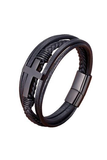 Tessero leather bracelet, cross model, multiple strands, magnetic clasp, black