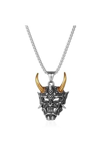 Tessero Necklace with pendant in the shape of a devil's head with golden horns, stainless steel plated with