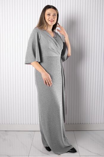 SUBU TASARIM Stone Print Detailed Evening Dress Gray Tbsmda2541