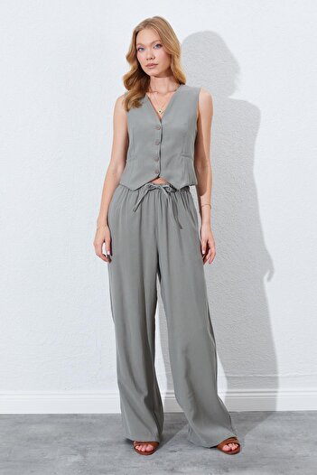 TENA Women's Khaki Wide Leg Elastic Waist Trousers