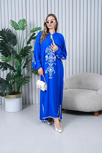 EL jadida Women's Embroidered Pompom Viscose Long Dress Saks Blue