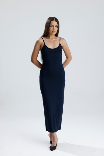 Sense Slit Strap Lycra Viscose Dress |   Elb35782 Navy Blue