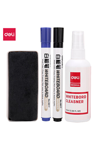 Deli E7839 Whiteboard Cleaning Set with Markers & Spray – ideal for classroom & office