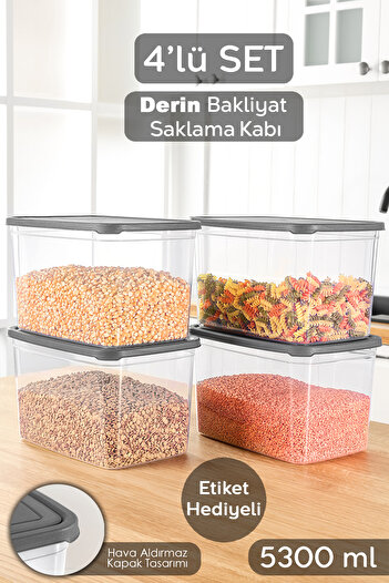 Meleni Home 4 Adet Etiketli Derin Erzak Saklama Kabı - Bakliyat Un Kabı Büyük Boy Erzak Kutusu 5300 ml Şeffaf