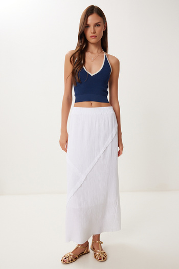 Happiness İstanbul Women's White Stitching Detailed Midi Muslin Skirt Bv00136