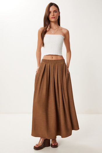 Happiness İstanbul Women's Brown Pocket Flared Summer Woven Skirt Pb00046