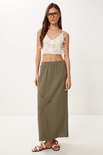 Happiness İstanbul Women's Khaki Stitching Detailed Midi Muslin Skirt Bv00136