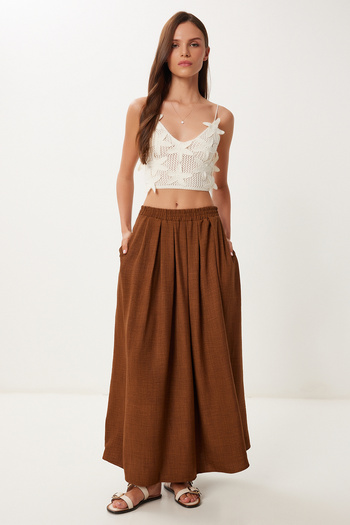 Happiness İstanbul Women's Dark Brown Pocket Flared Summer Woven Skirt Pb00046