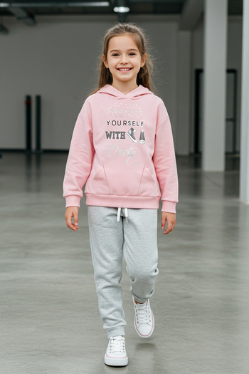 TRENDYOLKIDS Púder lány gyerek pamut szlogen nyomtatott kötött pulóver tréningruha alsó-felső öltöny TKDAW25AU00052