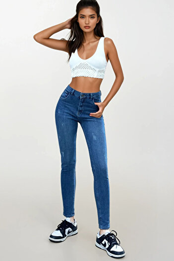 Trend Alaçatı Stili Kadın Mavi Orta Bel Skinny Jean ALC-X12539