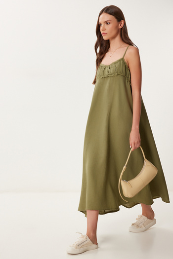Happiness İstanbul Women's Khaki Tassel Strap Summer Muslin Dress Bv00152
