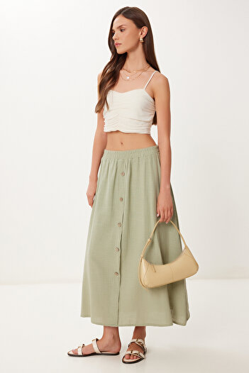 Happiness İstanbul Women's Green Button Detailed Midi Linen Skirt Bv00139