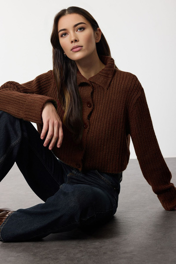 Trendyol Collection Brown Crop Soft Textured Stand Collar Knitwear Cardigan Twoaw22Hi0174